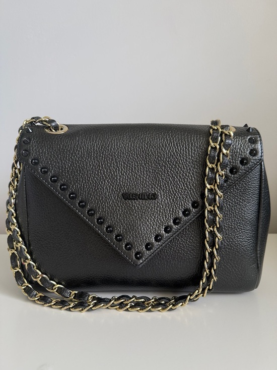 Valentino Handbags - Valentino Black Pebbled Leather Stud-Trim Shoulder Bag with Gold Chain